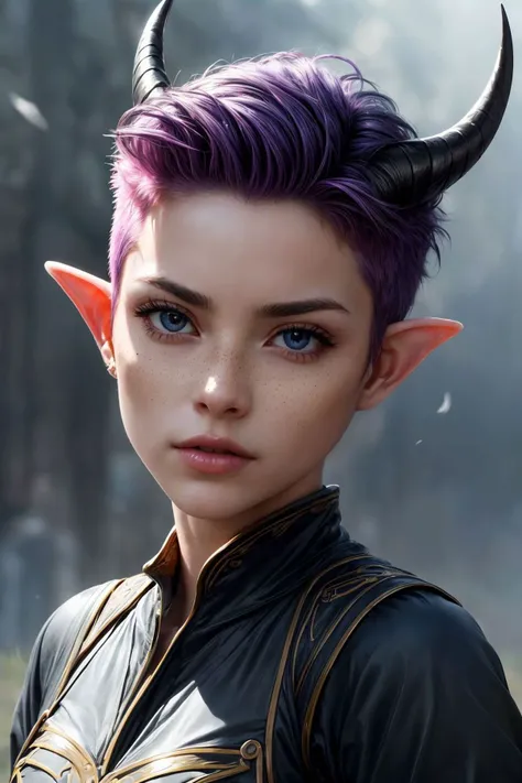 (AS-Adult:1.0), Photorealistic, Fawn woman, purple hair, short hair, (shaved sides:1.2), (black forehead horns:1.2), cartilage piercing, eyebrow piercing, nose ring, (oval face with a square jaw:1.4), striking blue eyes, (confident and fierce expression:1....