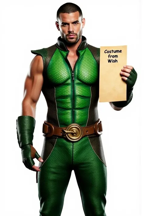 TheD33P Costume, The costume is a green, reptilian-like suit with a brown belt and matching gloves.
he is holding a piece paper, "Costume from Wish" as words written on it