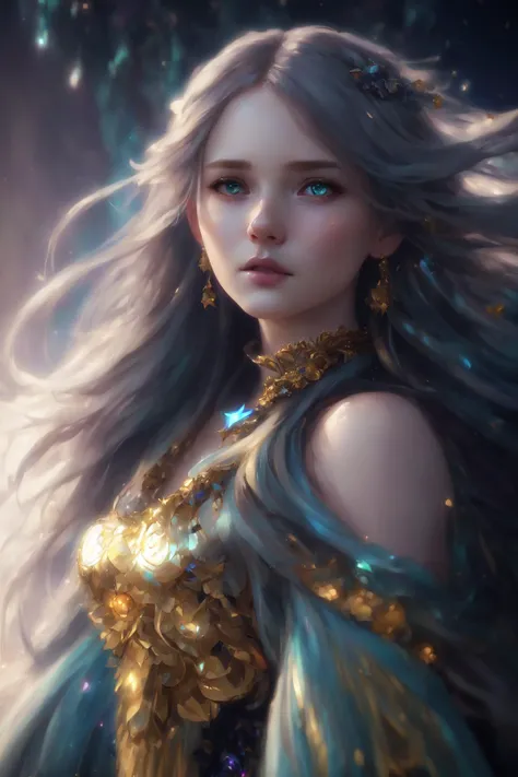 (dark dim dramatic atmosphere)+ 8k portrait aurora, girl with super long hair, hair dissolving into bright stars, in drip modern clothing, intricate, highly detailed, digital painting, smooth, sharp focus, illustration, unreal engine 5, 8 k, art by artgerm...