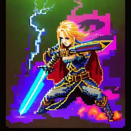 8-bit pixel, fantasy style card art, with a lightning texture effect, painted with an electric sword, slashing action