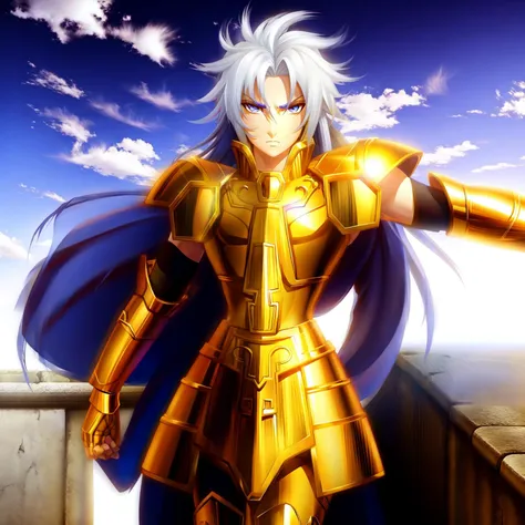 <lora:GeminiArmor:0.7>, GeminiArmor, gold armor,  1boy, armor, dramatic sky, looking at viewer, armor, closed mouth, upper body, serious, on greek temple bridge, anime, full-body. running towards the viewer, boots