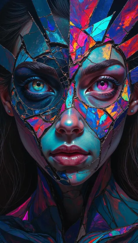 DB4RZ,DB4RZ style painting,a hand-drawn sketch and watercolor style,opalescent inlay,DIGITAL PAINTING,FLUORESCENT, GLOW, A tenebrous and evocative portrait of a young woman, her visage partially obscured by a spectral, fractured mask. The image should exud...