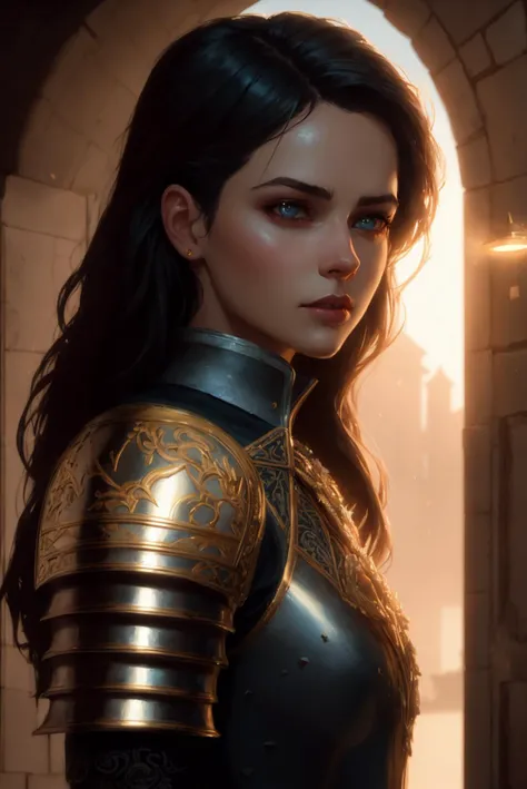 (masterpiece), (extremely intricate:1.3), (realistic), portrait of a girl, the most beautiful artwork in the world, (medieval armor), metal reflections, upper body, outdoors, intense sunlight, far away castle, professional oil painting of a stunning woman ...