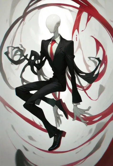 1man, bald, pale white skin, red tie, black suit, shoes,  score_9_up, score_8_up, score_7_up, slenderman, eyeless, featureless, solo, tall, long arms and legs, half body, adult