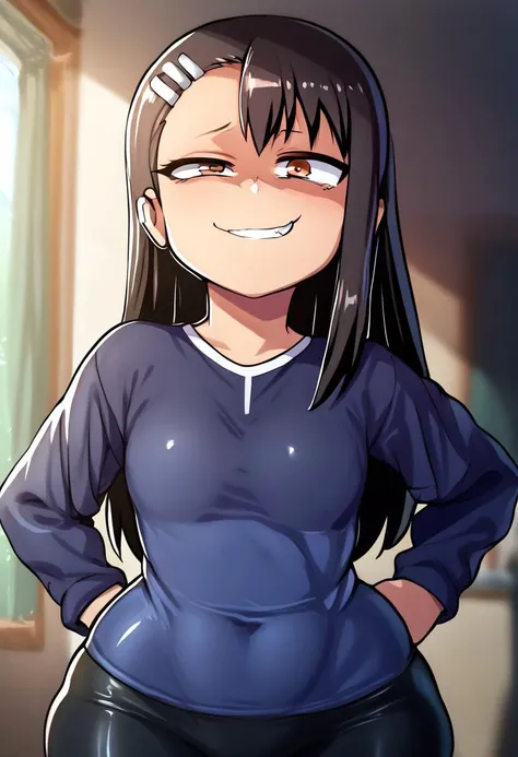 score_9, score_8_up, score_7_up, very detailed, ultra detailed,source_anime,rating_questionable, 1 girl,solo, nagatoro,hair,breats,hips,upper body,leggings covered over the upper torso,frown,neutral expression,upper body,manilla style,loocking at the viewe...