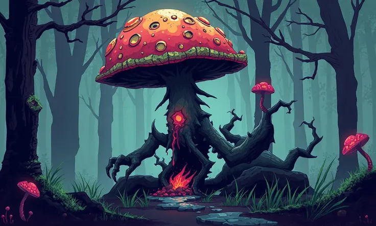 Glitchcore Art Style, retro game art pixel-art. In a medieval setting.
A horrific mushroom creature, its head a bulbous fungus, shuffling slowly through the forest floor, releasing spores that induce hallucinations.
dynamic, dramatic, (vibrant:1.2), (vibra...