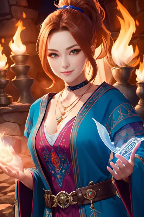 a medium color portrait illustration of an attractive female wizard with a tffthairv07illu ponytail wearing long loose flowing blue intricately embroidered wizard robes smiling, masterpiece, best quality <lora:epiNoiseoffset_v2:1>, highly detailed (dungeon...