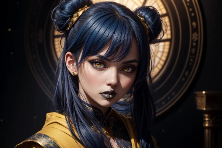 portrait of gorgeous girl, dark blue hair, [buns | short twintails], yellow eyes, makeup, dark lipstick, serious expression, big eyes, wearing yellow robes, fantasy setting, highly detailed, masterpiece, smooth, illustration, medium shot, detailed backgrou...