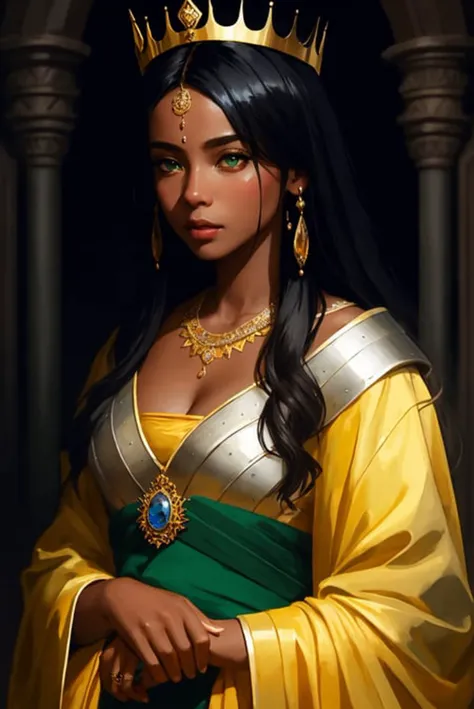 (extremely detailed CG unity 8k wallpaper), upper body photo of the most beautiful artwork in the world, english medieval queen, dark skin, black woman, gorgeous, green vale, golden crown, diamonds, medieval architecture, professional majestic oil painting...