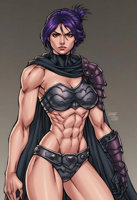 score_9, score_8_up, score_7_up, beautyfull color, 
aesthetic, 2d,
JimLee,
close-up shot, view from aside,
solo, 
1girl, 
sabia, human, purple hair, red eyes, folded ponytail,
bikini armor, single shoulder armor, cape, hood, single bare shoulder, 
large br...