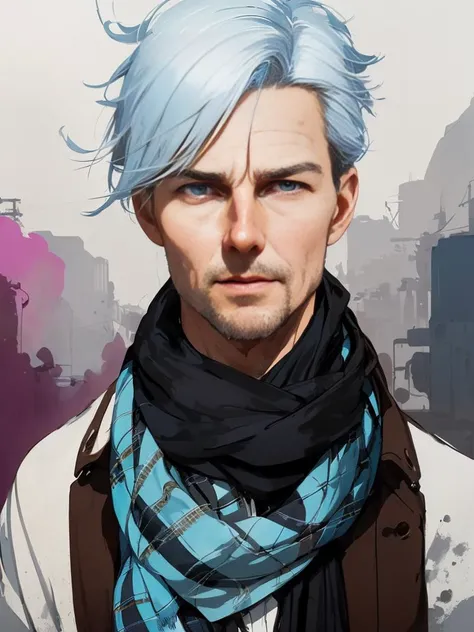 highly detailed portrait of tom cruise, blue eyes, tartan scarf, white hair by atey ghailan, by greg rutkowski, by greg tocchini, by james gilleard, by joe fenton, by kaethe butcher, gradient yellow, black, brown and magenta color scheme, grunge aesthetic!...