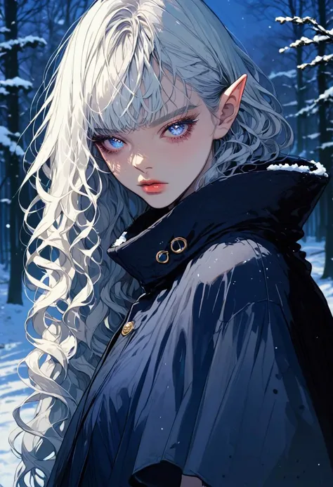 score_9, score_8_up, score_7_up,source_anime,1woman,solo,elf,ethereal beauty,soft facial features,very pale skin,white hair,long hair,wavy hair,bangs,indigo eyes,red pupils,perfecteyes,eyebrows,white eyelashes,dark blue cape,northern clothes,looking at vie...