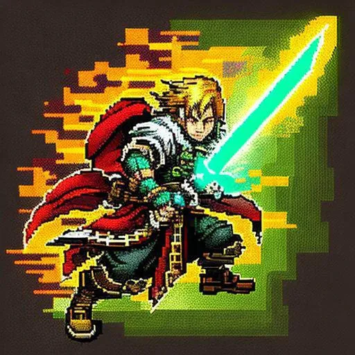 8-bit pixel, fantasy style card art, with a lightning texture effect, painted with an electric sword, slashing action