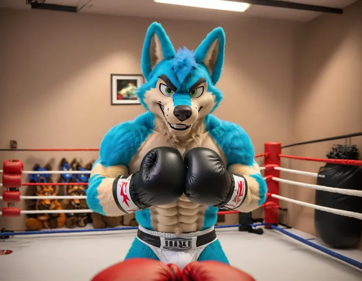 score_9,score_8_up,score_7_up,rating_NSFW,source_furry,anthro,source_3D,
closeup, first person pov camera angle, ((solo)), hanzee the fursuit fox male, facing off against the shorter  viewer in a boxing match, in a boxing stance ready to punch his opponent...