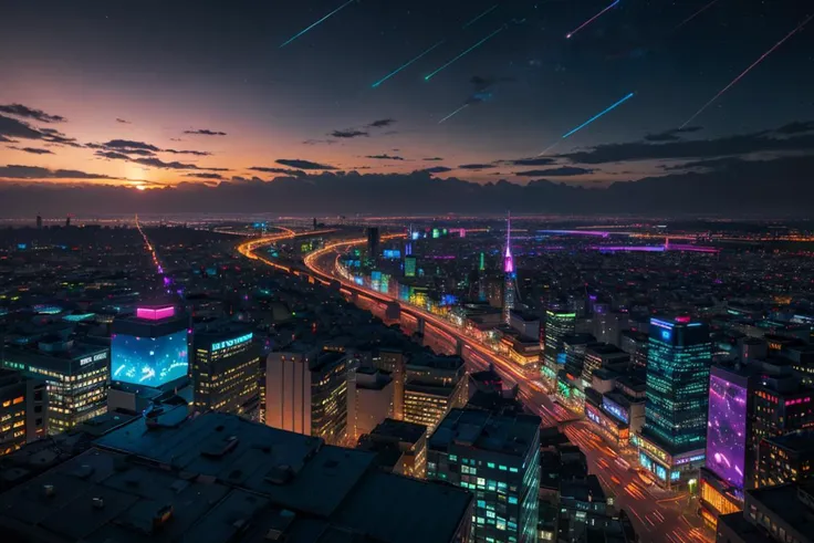 Masterpiece, 8k, highly detailed,  Pulsating neon lights dance of holographic city sprawled across the chrome streets bathed by an alien cityscape bled into twilight sky with fiery sunset hues and fractured galaxies,