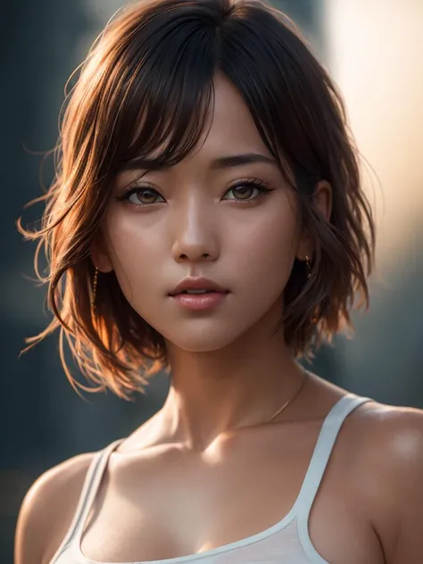 (full body:1.5), kpop idol, beautiful Korean girl, white t-shirt, beautiful detailed eyes, small breasts, (eyelashes:1.1),  ((8k, RAW photo, highest quality, masterpiece), High detail RAW color photo professional close-up photo, (realistic, photorealism:1....