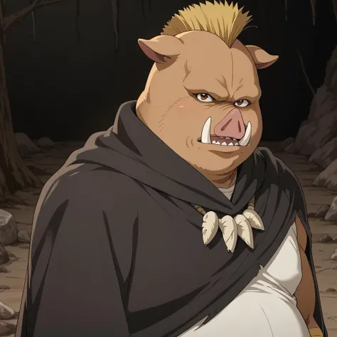 1boy, solo, anthropomorphic wild boar, male, 2d, fat man, chubby, muscular, brown skin, spiky ears, short yellow hair, brown eyes, big arms, big belly, round belly, boar tusks, ears boar, short yellow hair crest, big body, Black cape, yellow sash tied at t...