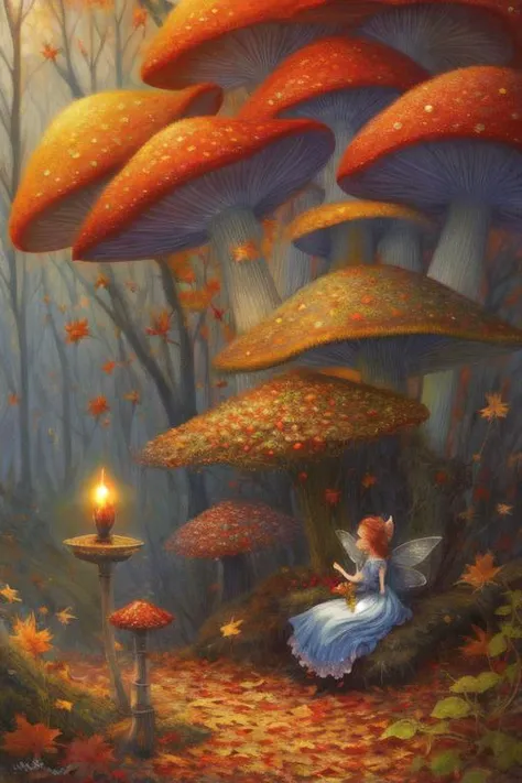 amazing Fantasy painting of a of a fairy in a [mushroom:forest:30], cat, Autumn colors, Dawn lighting, Color temperature lighting,  <lora:Fantasy_4:0.4>