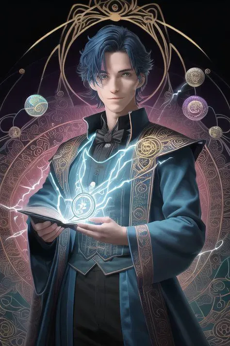 The Magicians Tarot card in the style of Reiki:
In this drawing, the Wizard is depicted as a tall and handsome man with bright blue eyes emitting light. He is standing in front of a small table on which his creative tools are laid out. In front of him is a...