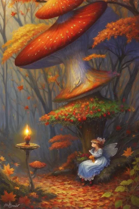 amazing Fantasy painting of a of a fairy in a [mushroom:forest:30], cat, Autumn colors, Dawn lighting, Color temperature lighting,  <lora:Fantasy_4:0.5>