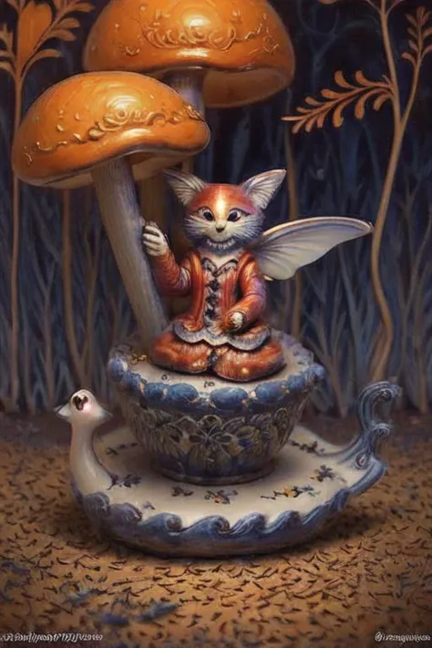 amazing Fantasy painting of a of a fairy in a [mushroom:forest:30], cat, Autumn colors, Dawn lighting, Color temperature lighting,  <lora:Fantasy_4:1>