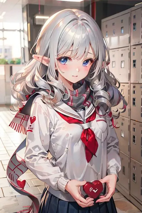 anime girl with long gray hair and blue eyes holding a red apple