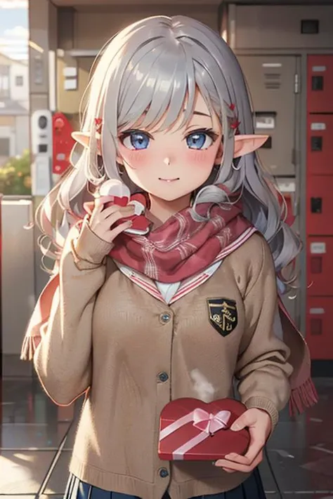 a woman with gray hair and blue eyes holding a red box