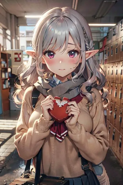 a woman in a brown coat holding a heart in a library