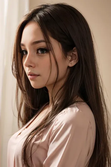 <lora:Nancy:.7>, simple background, dark background, upper body, at front, portrait, <lora:GoodHands-vanilla:0.8> better_oppai,  Champagne Pink blouse, long hair, 
The side view captures a face with no discernible emotional cues, gaze gently lowered.