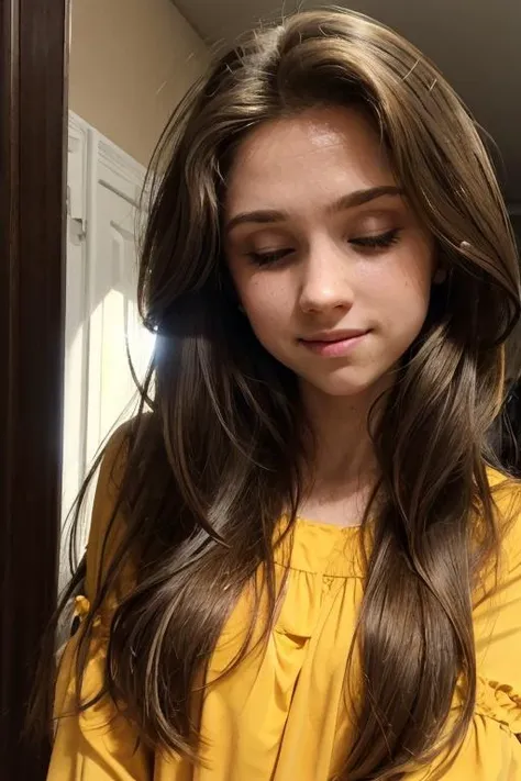 a close up of a young woman with long brown hair