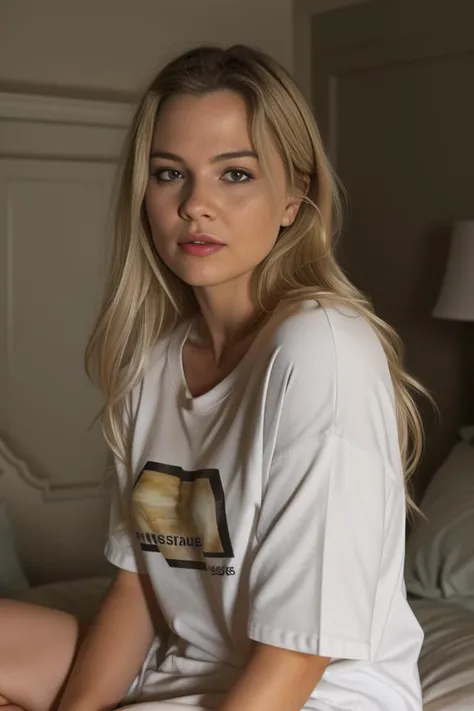 blond woman sitting on bed in white shirt and shorts with lamp