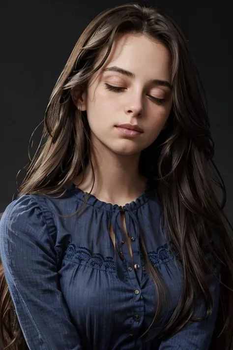 a close up of a woman with long hair wearing a blue shirt