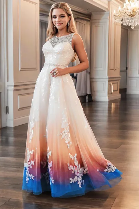 a woman in a white and blue dress standing in a room