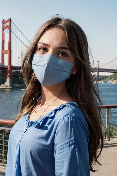 <lora:Macy:.7>, simple background, upper body, at front, portrait, <lora:GoodHands-vanilla:0.8> better_oppai,  Road Sign Blue blouse, shirt, long hair, 
A fabric mask covers the lower half of the face, from the bridge of the nose to just below the chin. Th...