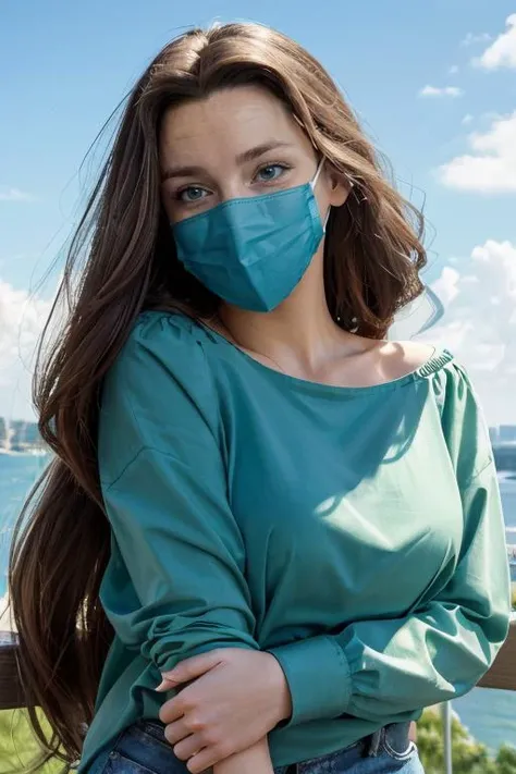 <lora:Lauren:.7>, simple background, upper body, at front, portrait, <lora:GoodHands-vanilla:0.8> better_oppai,  Pastel Green blouse, shirt, long hair, 
A fabric mask in a colorful pattern covers the lower half of the face, extending from the bridge of the...