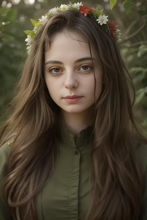 a close up of a woman with long hair wearing a flower crown