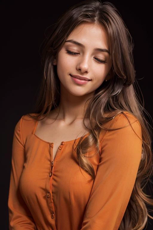 a woman with long hair and a brown shirt posing for a picture