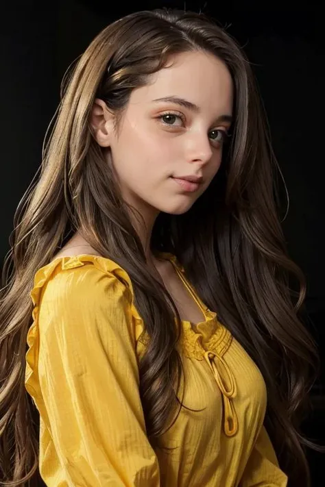 a close up of a woman with long hair wearing a yellow shirt