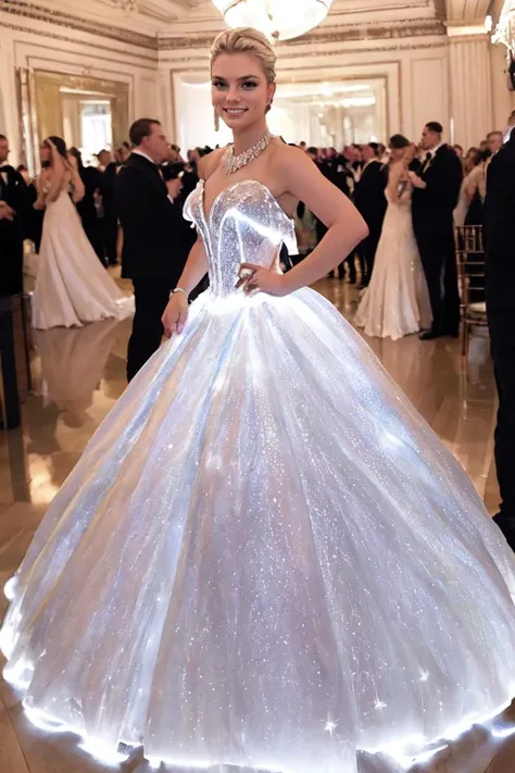 a woman in a white dress standing in a room with a light up dress