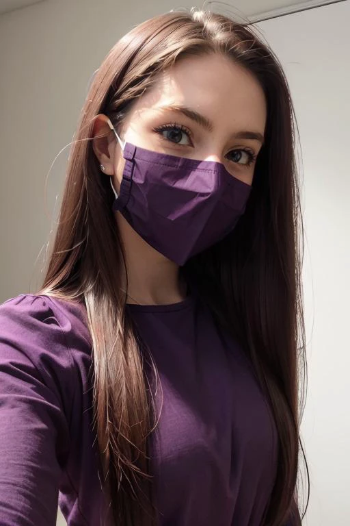 <lora:Holly:.7>, simple background, upper body, at front, portrait, <lora:GoodHands-vanilla:0.8> better_oppai,  Plum Purple blouse, long hair, 
The face is partially covered by a surgical mask, which fits securely over the nose and mouth. The mask has a sm...