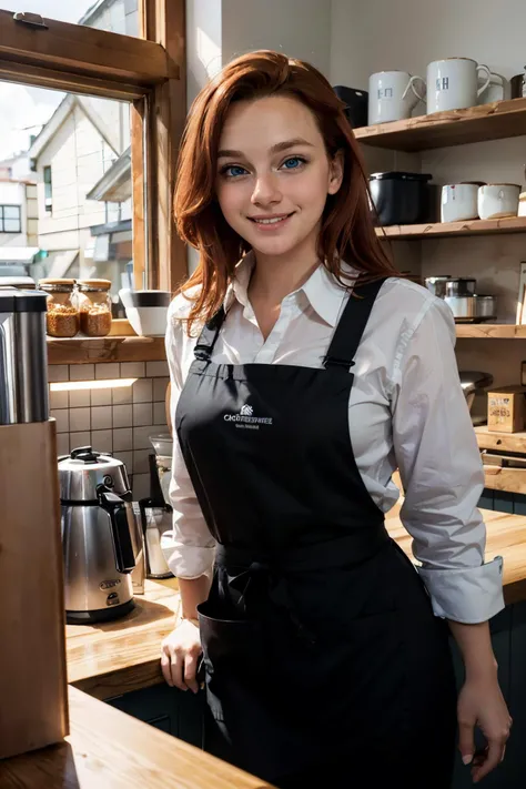 <lora:Lauren:.8>, blue eyes, ginger hair, medium breasts, wide hips, wearing a white collared shirt, apron, black slacks,looking at viewer, serious,smiling, medium shot, 
standing behind a counter, inside a cafe, barista, shelves, coffee machine, bright li...