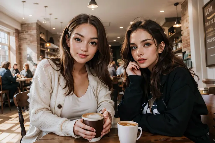 two women sitting at a table with cups of coffee