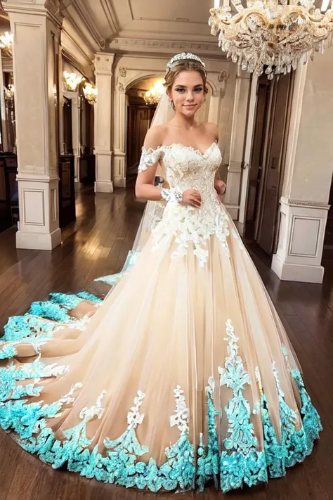 a woman in a wedding dress standing in a room