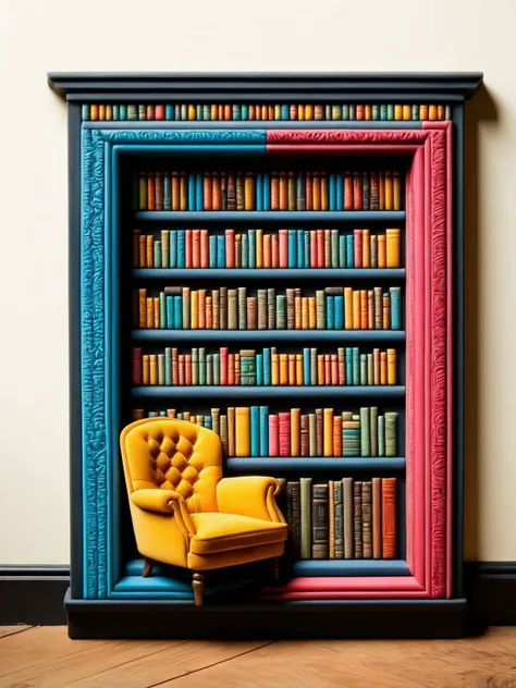 a yellow chair sitting in front of a book shelf filled with books