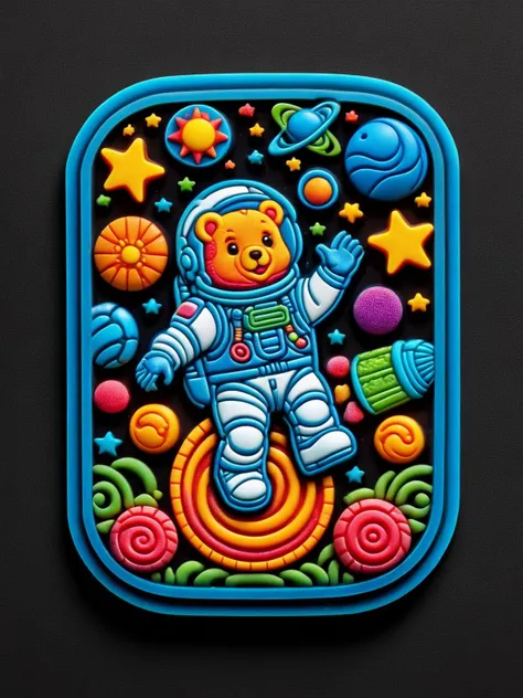 a close up of a teddy bear in a space suit on a black surface