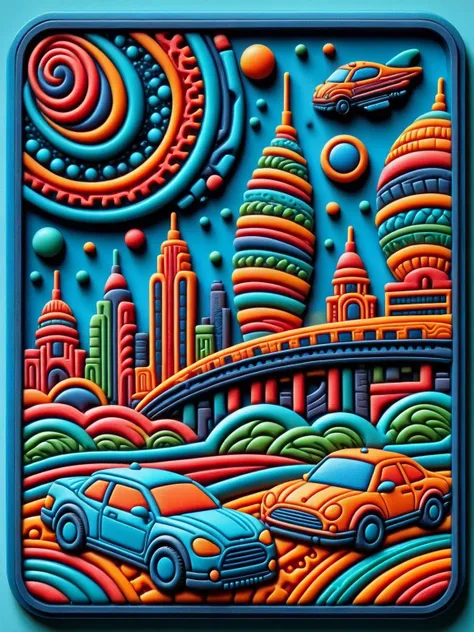 a colorful cityscape with cars and a car in the distance