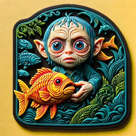 gollum holding a fisch,<lora:ral-rubberpatch:1>,ral-rubberpatch,