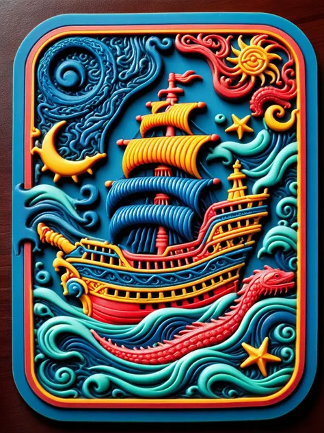 a close up of a colorful wooden plaque with a ship on it