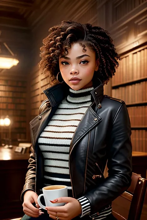 photo of (bby_cai), a woman in a (leather jacket:1.2), (wearing a striped sweater:1.2), modelshoot style, (extremely detailed CG unity 8k wallpaper), photo of the most beautiful artwork in the world, professional majestic oil painting by Ed Blinkey, Atey G...