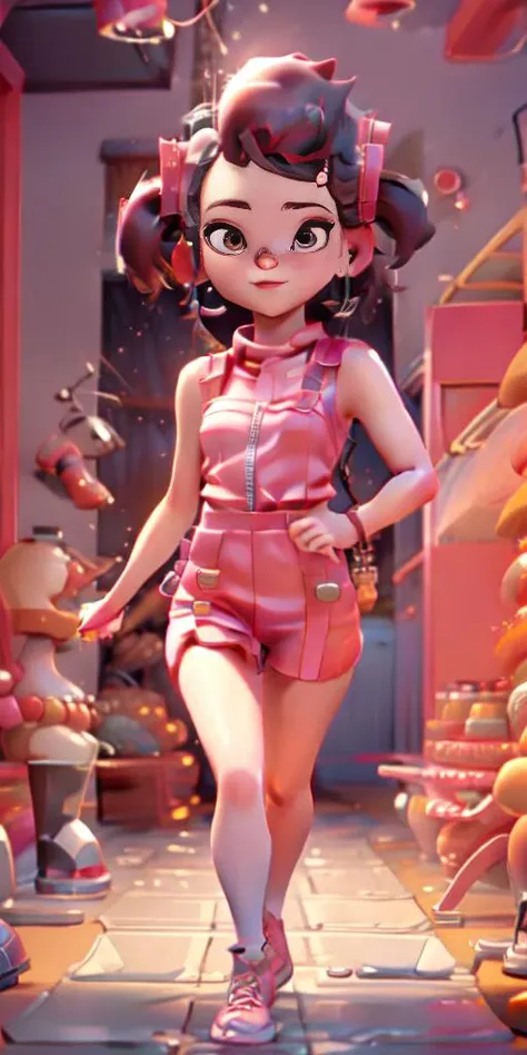 a cartoon girl in pink outfit walking through a room with stuffed animals